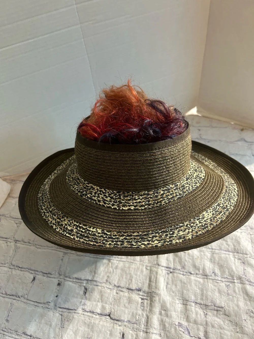 SCALA HANDCRAFTED STRAW VISOR LEOPARD PRINT BAND WIDE BRIM O/S